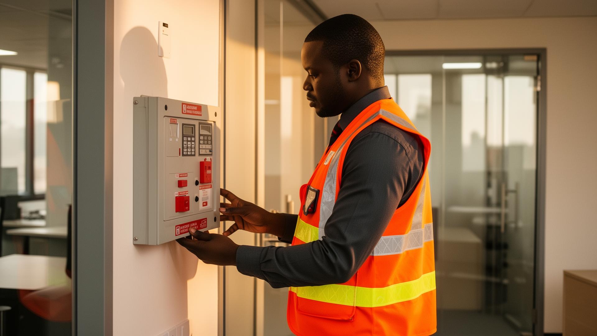 Fire safety engineer inspecting system
